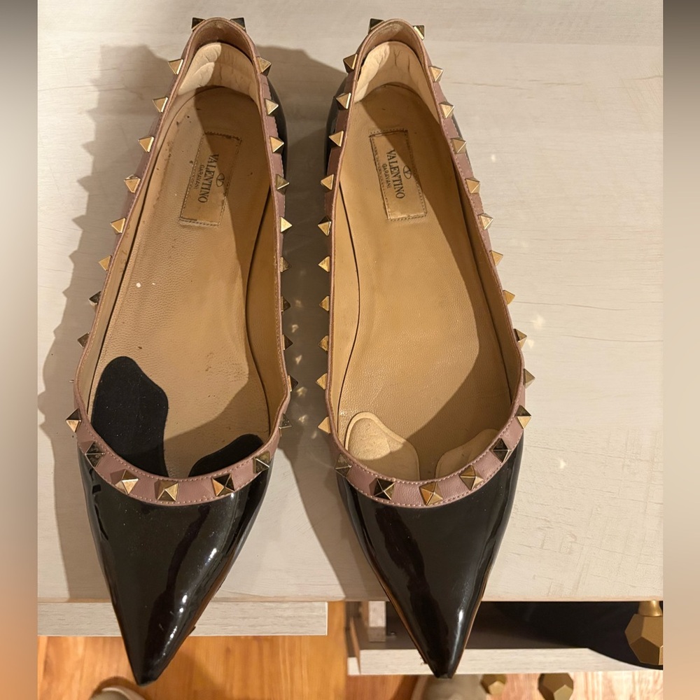 Valentino Black Patent Flats with Gold and Tan Accents